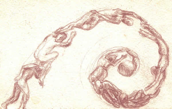 Drawing of figures creating a spiral in the golden
                          mean proportions