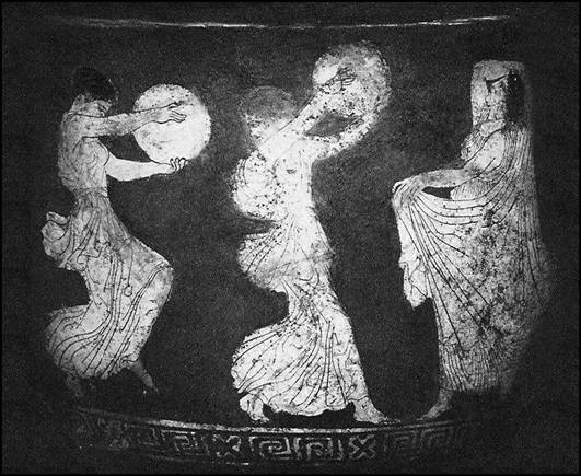 Ancient Greek Vase painting of dancing and drumming women