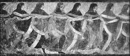 Fresco of women line dancing