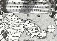 Etching of an ancient map with spiders represented in the borders