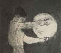 Detail of a vase painting of a woman playing a drum