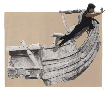 Photo collage of Tom as a bow carving for a ship's prow