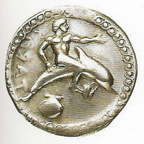 Ancient coin with a dolphin rider