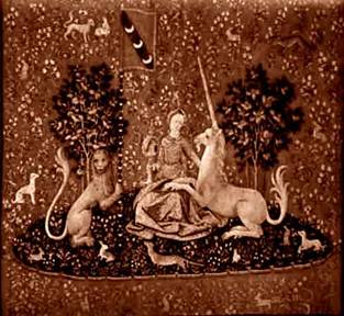 Tapestry of a maiden, a lion and a unicorn