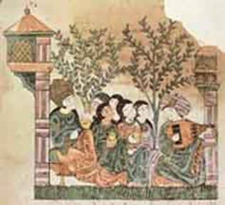 Persian illustration of a group of musicians in a castle