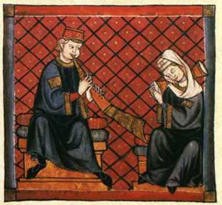 Tapestry of a man playing a long horn for a woman