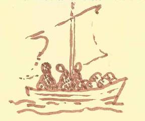 Drawing of people in a small boat
