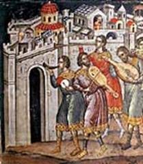 Troubadours outside a castle
